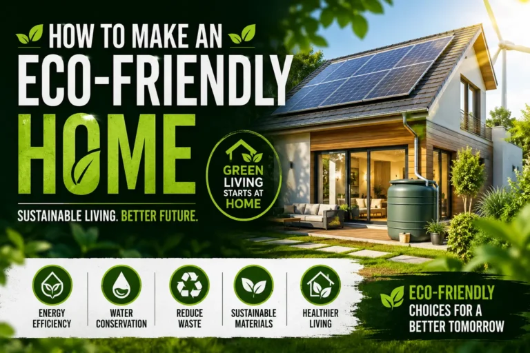 Eco-friendly home with solar panels, rainwater harvesting system, and green energy features promoting sustainable living and environmentally friendly home design ideas.