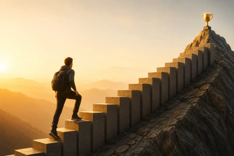 A person climbing steps representing consistency is the key to success