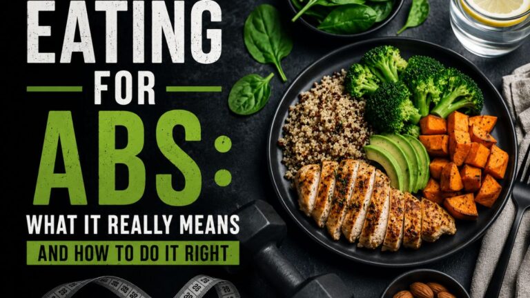 Eating for Abs: What It Really Means and How to Do It Right Eating for abs guide featuring a balanced high-protein meal and fitness equipment