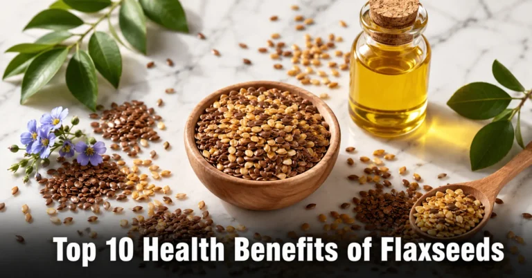 Health benefits of flaxseeds featuring flax seeds, flaxseed oil, and healthy natural ingredients