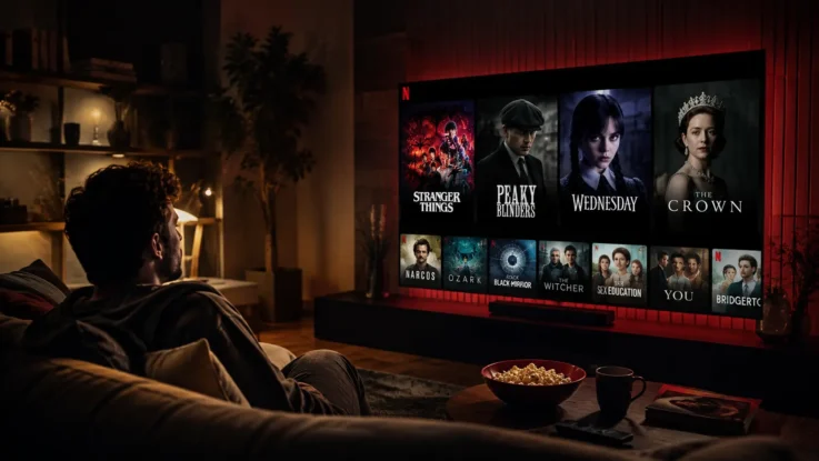 Person watching Netflix on a large TV in a cozy living room at night, featuring popular English web series including Stranger Things, Peaky Blinders, Wednesday, and The Crown.