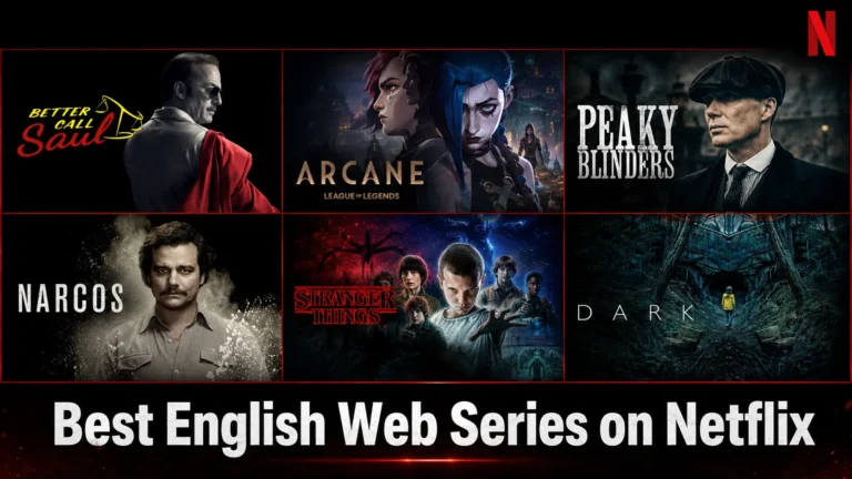 Best English Web Series on Netflix collage featuring Better Call Saul, Arcane, Peaky Blinders, Narcos, Stranger Things, and Dark in a cinematic entertainment-themed featured image.
