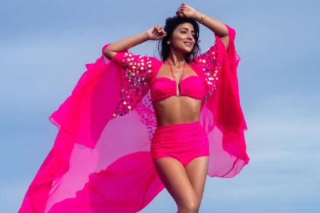 shriya saran hot pink bikini beach photoshoot