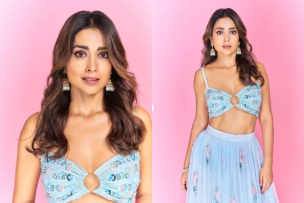 shriya saran bold sky blue outfit hot photoshoot 2025