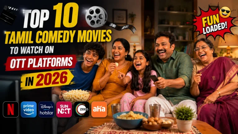 Family enjoying Tamil comedy movies on ott
