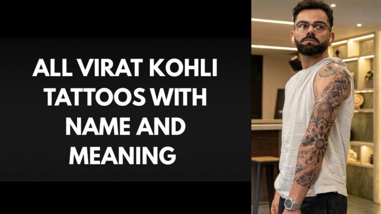 All Virat Kohli Tattoos With Name and Meaning Virat Kohli showing his full right-arm tattoo sleeve featuring a god's eye, peony flowers, and a geometric mandala design