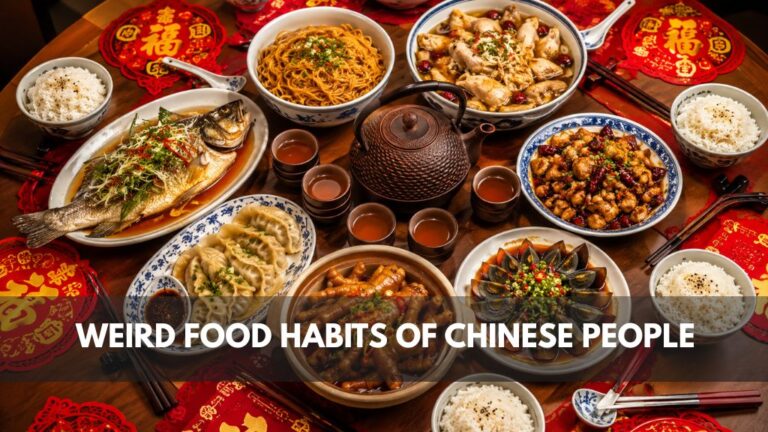15 Weird Food Habits of Chinese People Chinese family table set with shared dishes, chopsticks, and tea, showing traditional Chinese food habits