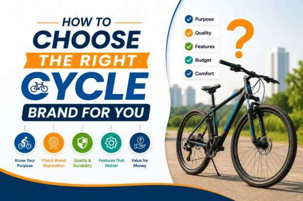 Modern infographic showing how to choose the right cycle brand in India with a stylish mountain bicycle, buying tips, and blue-orange color theme.