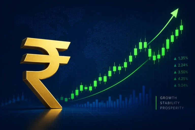 Indian stocks to buy this month illustrated with upward-trending stock charts and Rupee icon