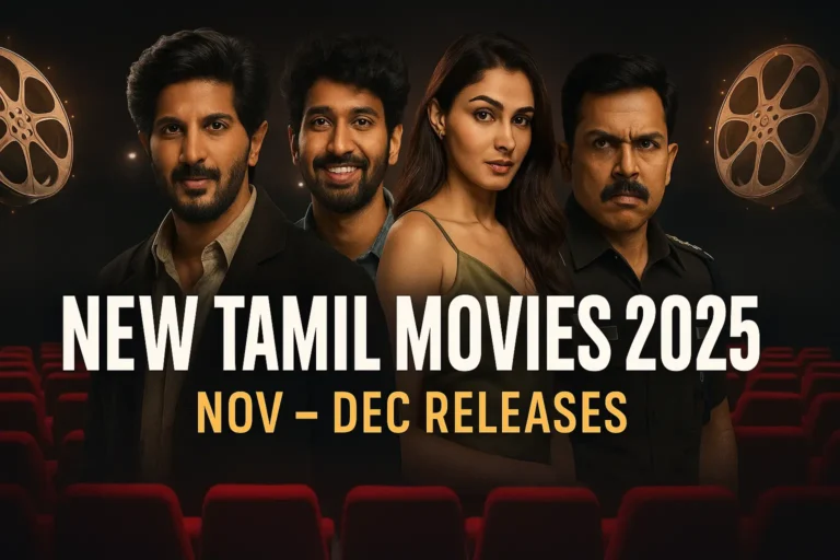 New Tamil Movies (November–December 2025): Full Release Line-Up New Tamil Movies 2025 poster featuring Dulquer Salmaan, Pradeep Ranganathan, Andrea Jeremiah, and Karthi – Nov–Dec Releases.