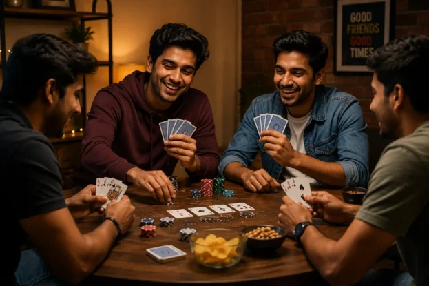 Young friends enjoying new Teen Patti variations at home with poker chips