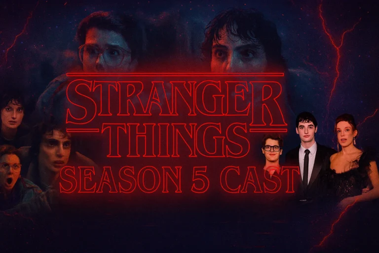Stranger Things Season 5 main cast members together including Millie Bobby Brown, Finn Wolfhard, and David Harbour
