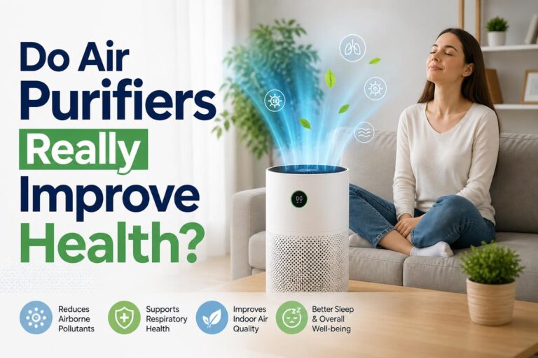 Modern air purifier improving indoor air quality while a woman relaxes at home, featuring the text “Do Air Purifiers Really Improve Health?” in a clean infographic design.