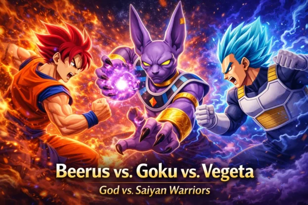 Beerus faces Goku and Vegeta in battle