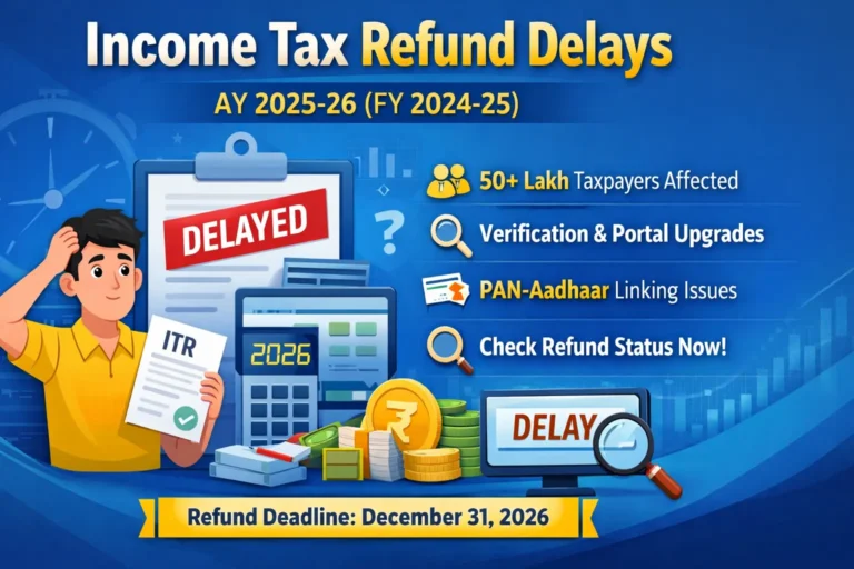 Income Tax Refund Delay for AY 2025-26 (FY 2024-25): Reasons, Status Check & What Taxpayers Should Do Income tax refund delay for AY 2025-26 in India showing verification issues, PAN-Aadhaar linking problems, and refund processing timeline