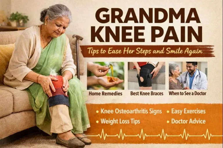 Elderly Indian grandmother sitting on a sofa holding her knee in pain, showing common grandma knee pain and joint discomfort.