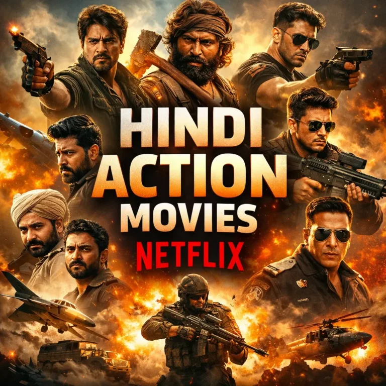 Hindi action movies on Netflix featuring top Bollywood and South Indian blockbuster heroes in intense action scenes