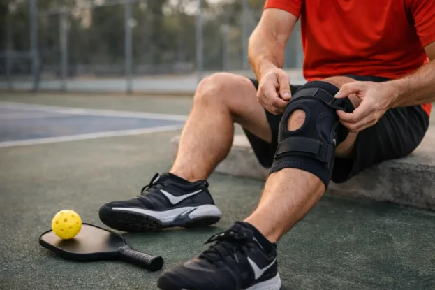 Pickleball Player Adjusting Knee Brace Courtside
