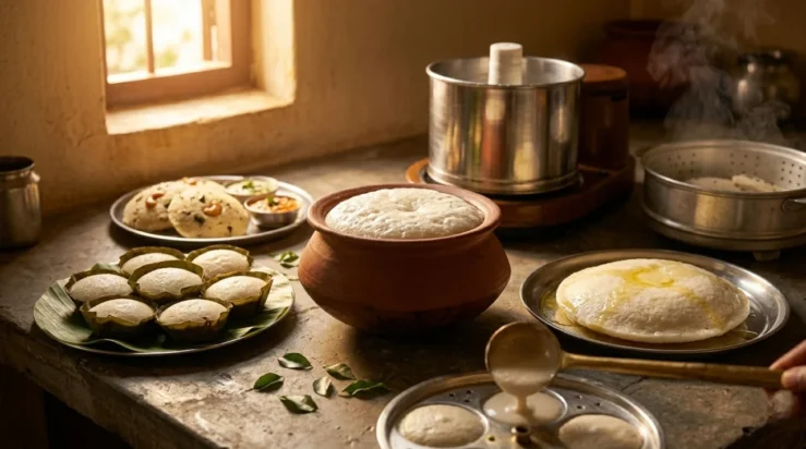 Fermented idli batter and traditional cookware