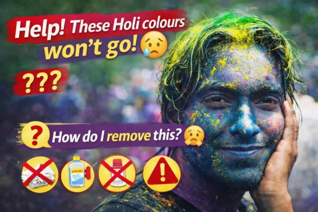 Man with heavy blue and yellow Holi colours on face looking worried about removing permanent colour safely