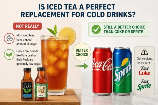 Iced tea vs cold drinks comparison showing sugar content and healthier beverage choice