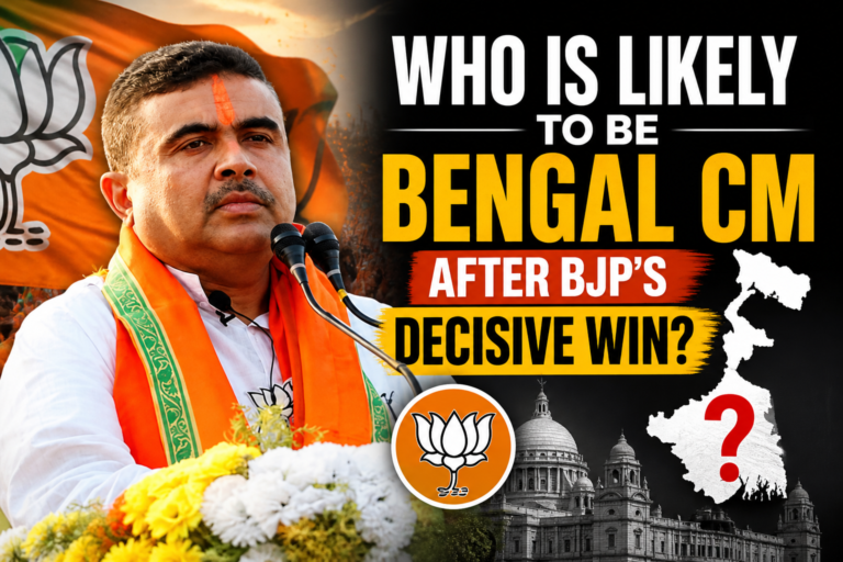 Suvendu Adhikari addressing a BJP rally with party flags in the background, representing speculation on who will become Bengal CM after BJP’s decisive win