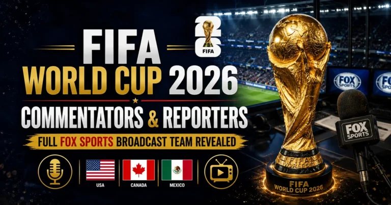FIFA World Cup 2026 commentators and reporters featured image with FOX Sports broadcast team, FIFA trophy, microphone icon, TV broadcast visuals, and USA, Canada, Mexico flags in a dark stadium background.