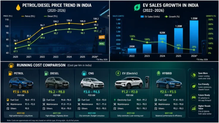 Infographic showing petrol and diesel price trends in India from 2020 to 2026, EV sales growth between 2022 and 2026, and a running cost comparison of petrol, diesel, CNG, hybrid, and electric vehicles.