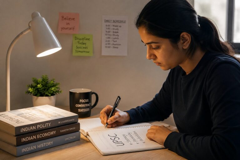 UPSC aspirant studying seriously at desk with Indian polity, economy and history books, showcasing discipline, focus and dedication for civil services exam preparation