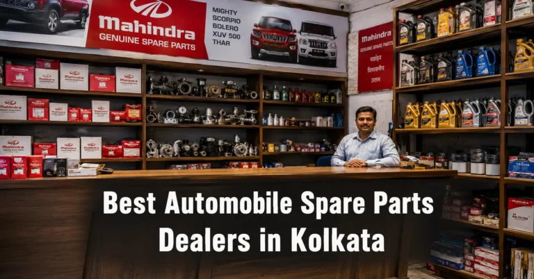 Best Automobile Spare Parts Dealers in Kolkata — genuine Mahindra car parts shop with engine components and brake pads on shelves