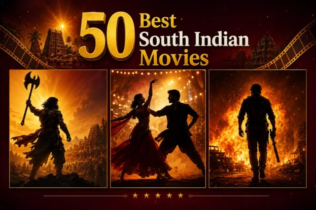 50 Best South Indian Movies poster featuring three cinematic panels inspired by epic action, romantic drama, and blockbuster South Indian films with Tamil, Telugu, Malayalam, and Kannada cinema themes.