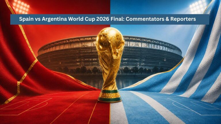 Spain vs Argentina World Cup 2026 Final: Commentators & Reporters World Cup 2026 final Spain vs Argentina with golden FIFA trophy and stadium backdrop
