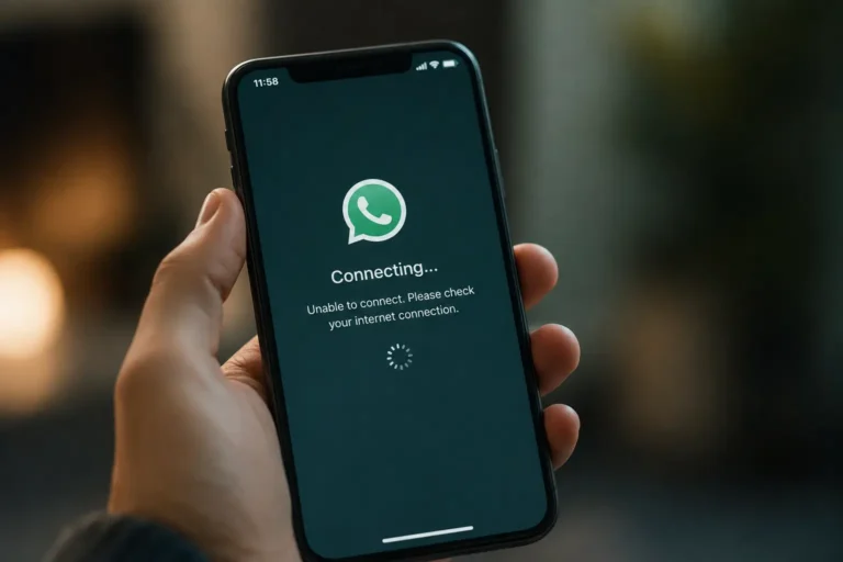 Smartphone displaying WhatsApp connection error during outage