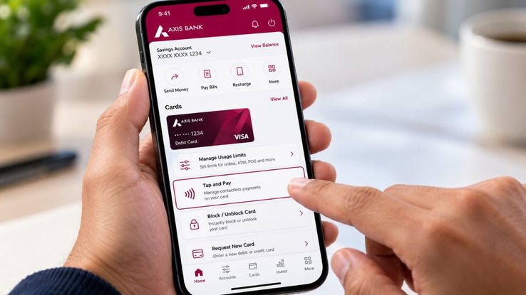 Axis Mobile Banking app showing the Manage Usage Limits and Tap and Pay option