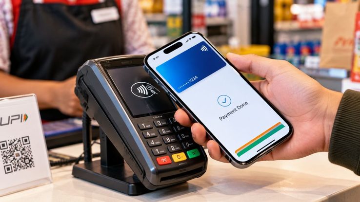 iPhone held near a contactless payment terminal at an Indian store counter here