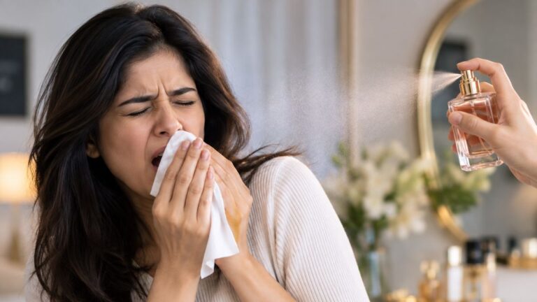 Does Smelling Perfume Affect Your Sinus Health? Here’s What You Should Know Woman sneezing after smelling strong perfume