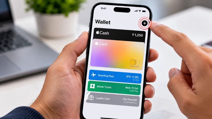 iPhone Wallet app with the + button highlighted here