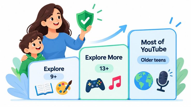 Supervised YouTube account content levels for kids and teens