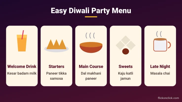 Easy Diwali party menu with welcome drink, starters, main course, sweets and chai