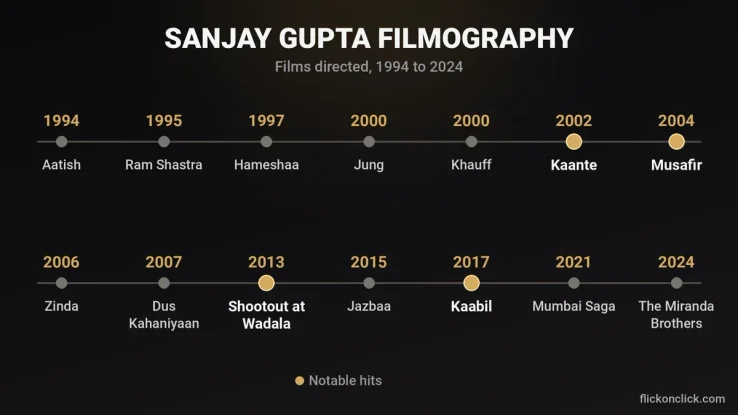 Sanjay Gupta filmography timeline from Aatish 1994 to The Miranda Brothers 2024